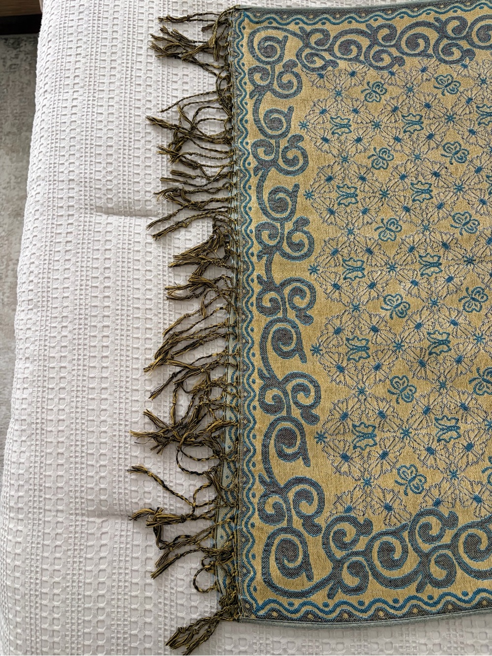 Pashmina Teal Gold Floral Butterfly Jacquard Fringe Scarf 68X27 - Picture 8 of 10